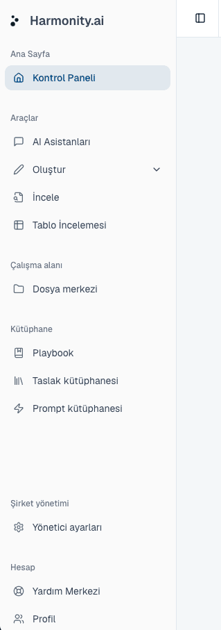 Ana Sayfa, Araçlar, Çalışma alanı, Kütüphane, Şirket yönetimi ve Hesap gruplarını gösteren Harmonity kenar çubuğu