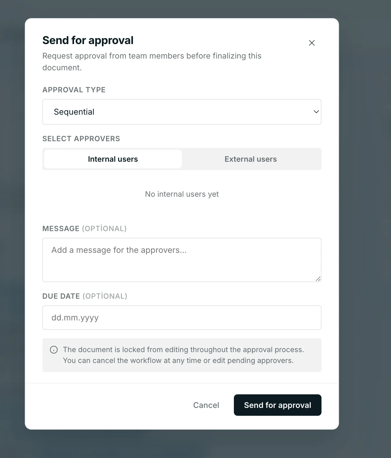 Harmonity “Send for approval” screen: approval type, approver selection, message, and due date