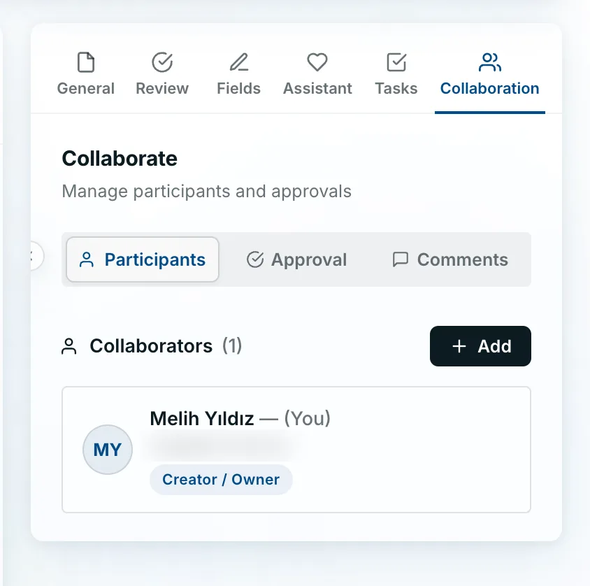 Harmonity collaboration panel: participants, approval, and comments
