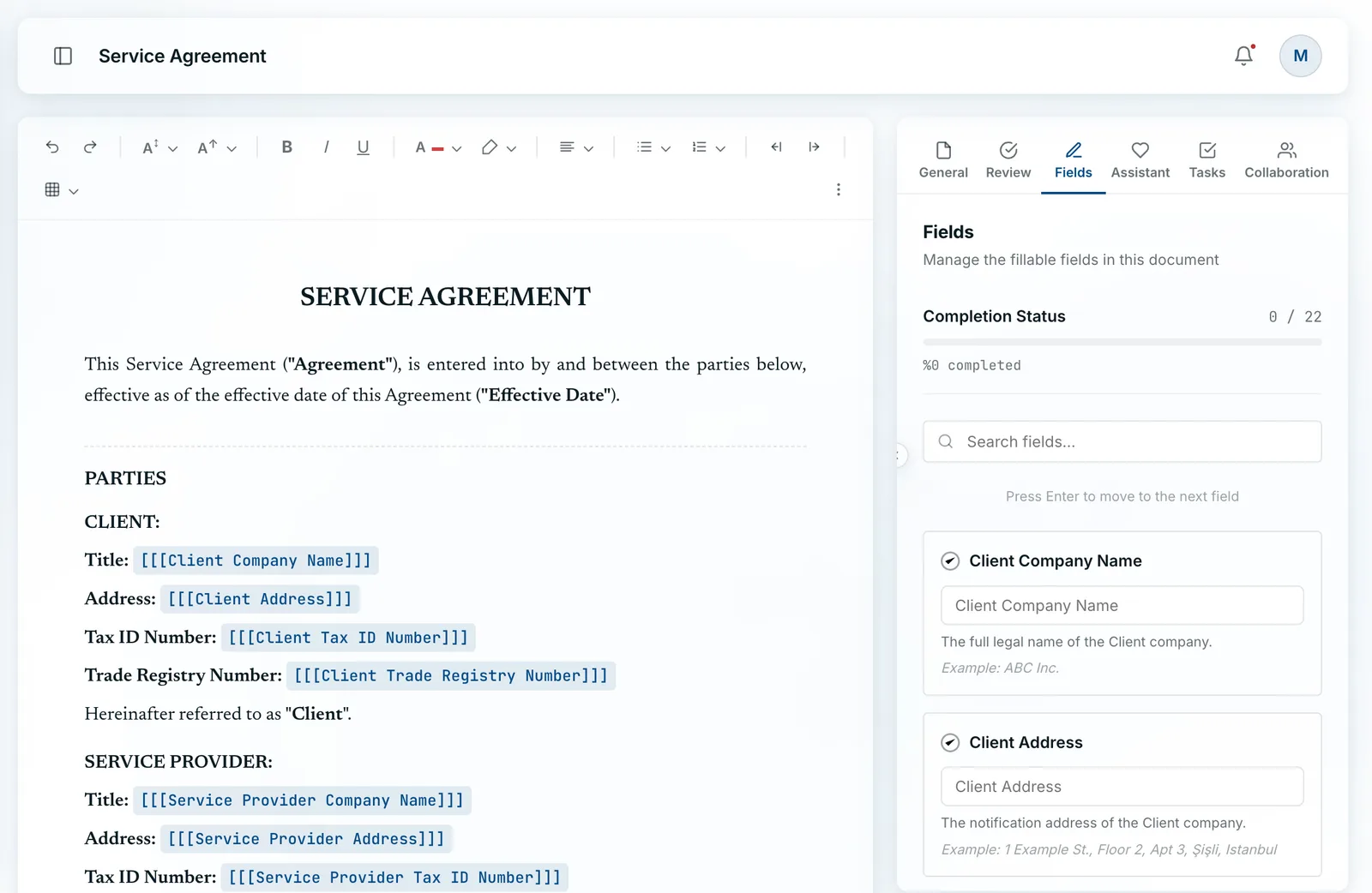 Contract editor with smart fields highlighted
