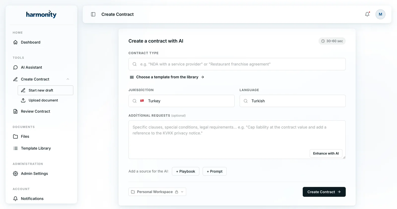 AI-assisted contract creation screen in Harmonity