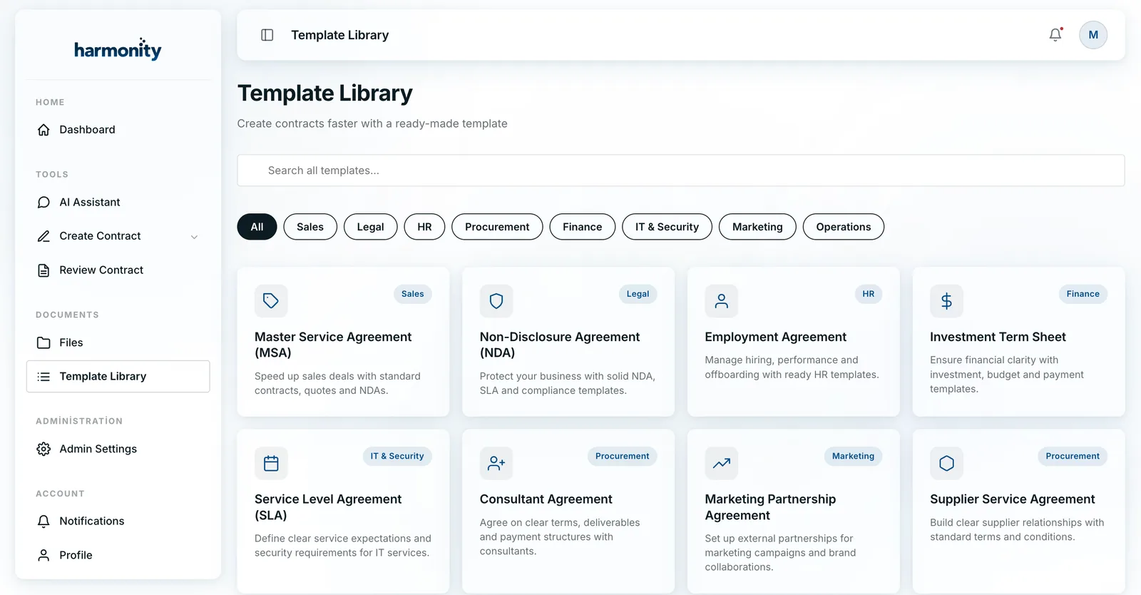 Harmonity template library: ready-made contract templates and categories
