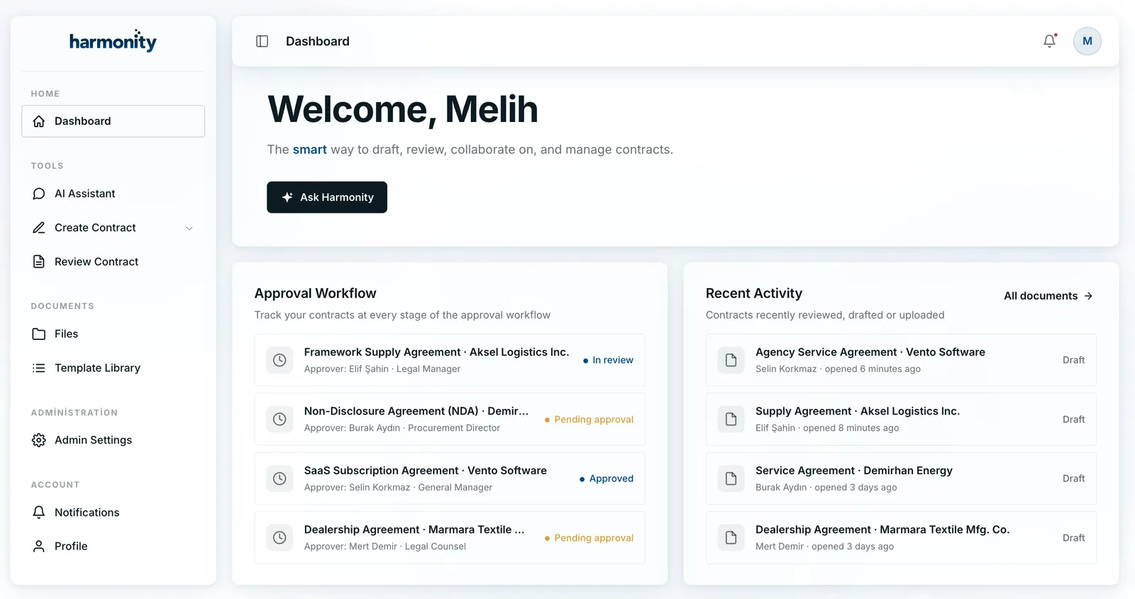 Harmonity dashboard: approval workflow and recent contract activity