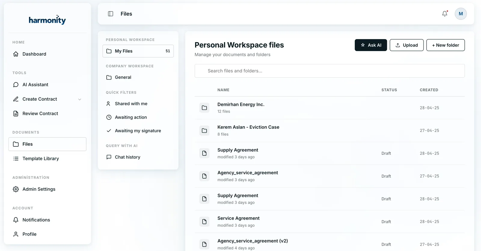 Harmonity files repository: personal workspace files, AI search, and quick filters